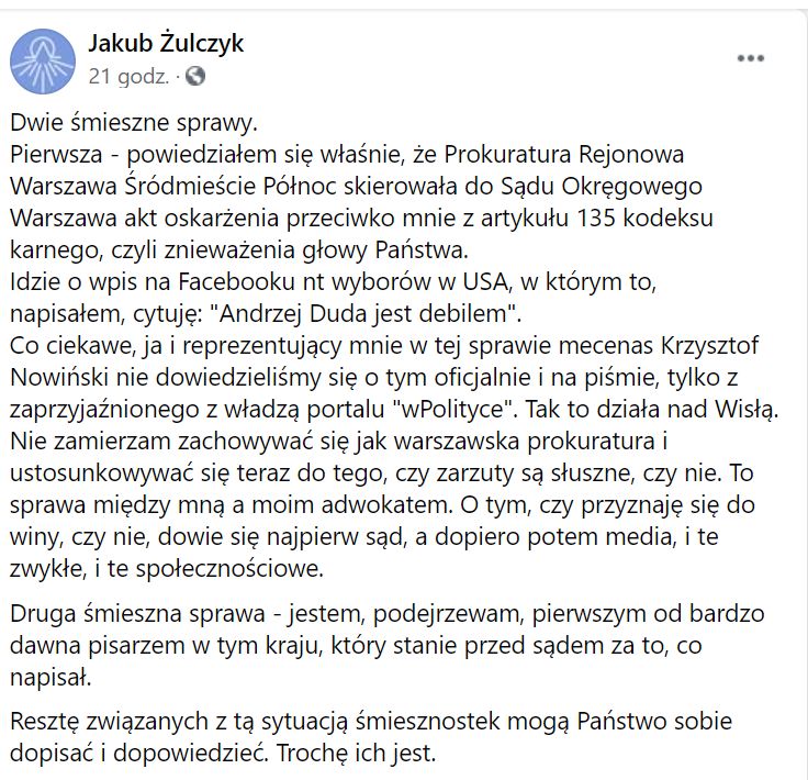 Jakub Żulczyk oskarżony o znieważenie prezydenta Andrzeja Dudę