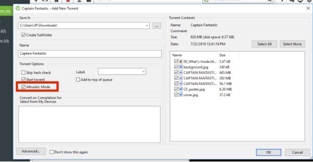 Przełącznik trybu altruistycznego dla poszczególnych torrentów (źródło: blog.bittorrent.com)