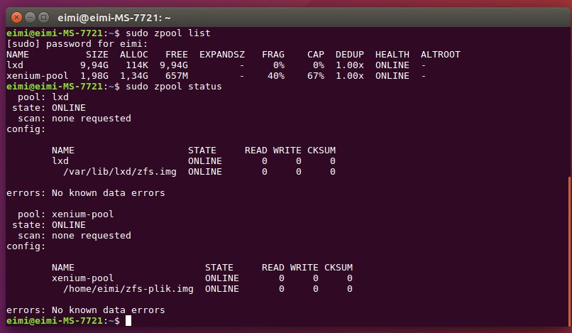 Dwie pule ZFS w systemie, jedną zrobił sobie sam menedżer kontenerów LXD