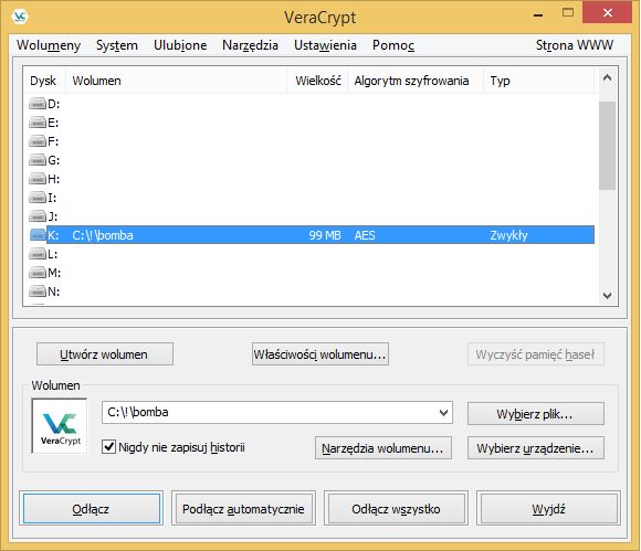 Zaszyfrowany kontener jako dysk K: w systemie Windows