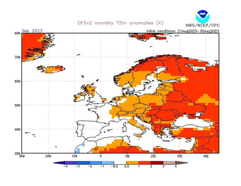 Prognoza odchylenia średniej temperatury od normy wieloletniej dla września 2023