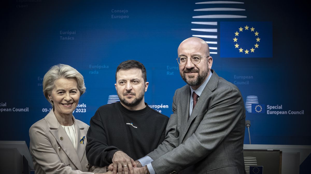 Volodymyr Oleksandrovych Zelenskyy the President of Ukraine (C) as seen with Charles Michel president of the EUCO (R) and Ursula von der Leyen President of the European Commission (L) united holding their hands together and smiling following the end of the joint press conference with statements, talking and answering questions from journalists from international media, after the meeting with the European Leaders heads of states. All three of them chanted ''Slava Ukraini'' translated as Glory to Ukraine, the national Ukrainian salute known as symbol of Ukrainian sovereignty and resistance to foreign aggression. Ukrainian President Zelenskiy attends the EU Leaders Summit, the European Council at the headquarters in Brussels. Zelensky pleads to the allies to deliver combat fighter jet planes to Ukraine. His presence in Brussels was followed after a short trip in London and Paris. Brussels,  Belgium on February 9, 2023 (Photo by Nicolas Economou/NurPhoto via Getty Images)
