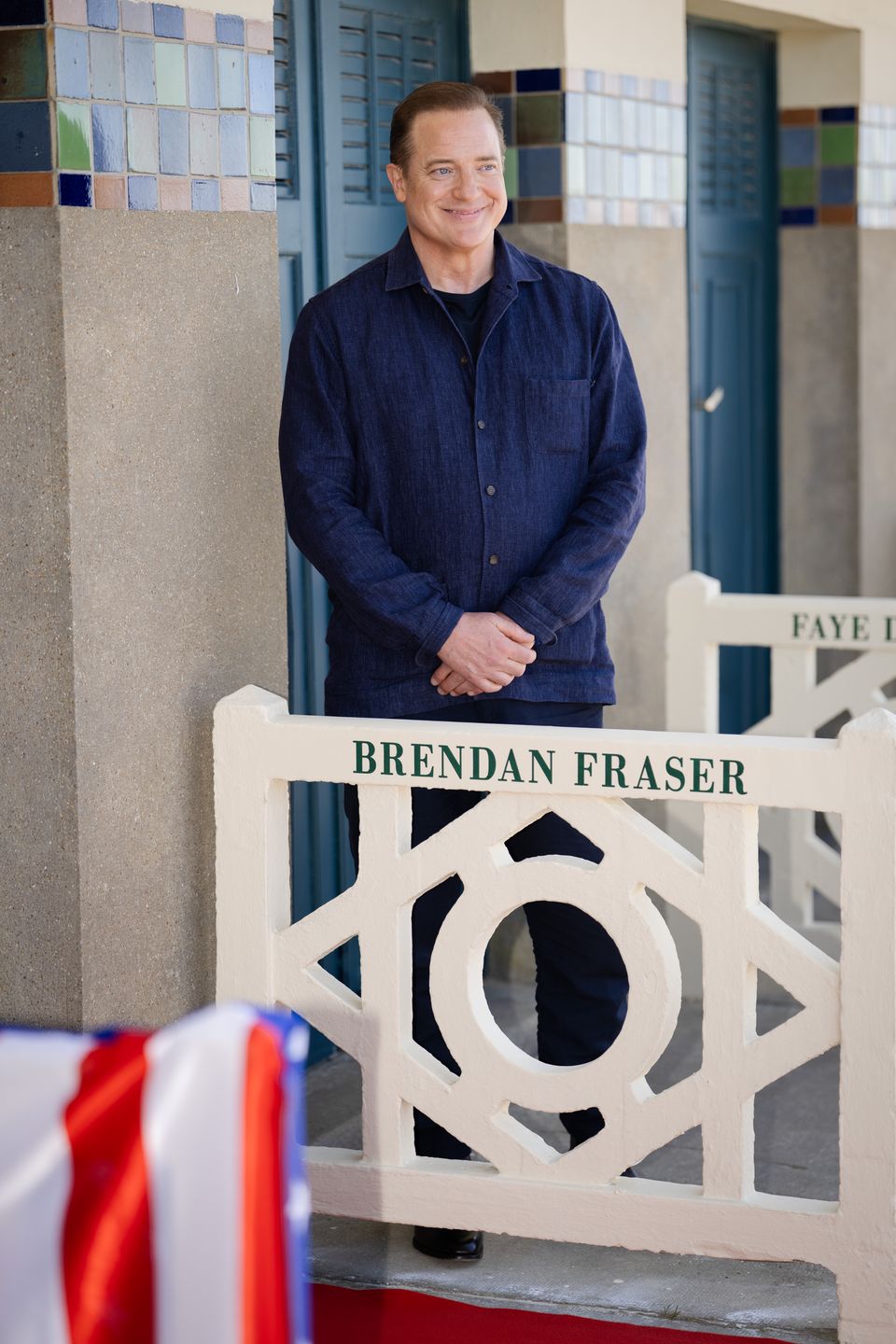 DEAUVILLE, FRANCE - SEPTEMBER 05: Brendan Fraser poses for the photographers after he unveiled his cabin sign as a tribute for his career along the Promenade des Planches at the 52nd Deauville American Film Festival on September 05, 2026 in Deauville, France. (Photo by Francois G. Durand/Getty Images)