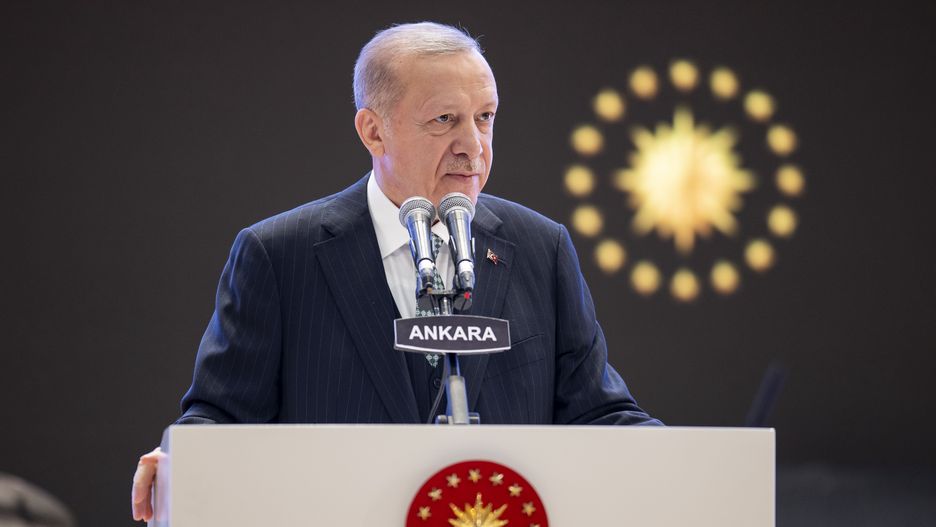 ANKARA, TURKIYE - MAY 19: Turkish President Recep Tayyip Erdogan speaks during an event with national young athletes on the occasion of May 19 Commemoration of Ataturk, Youth and Sports Day at Ankara Grand Mosque Culture and Congress Center in Ankara, Turkiye on May 19, 2022. (Photo by Aytac Unal/Anadolu Agency via Getty Images)