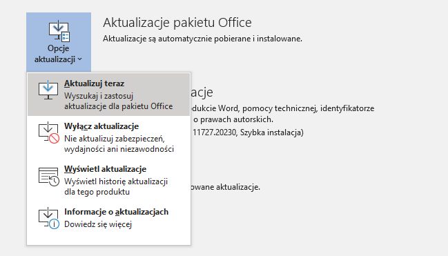 Opcje aktualizacji pakietu Office.