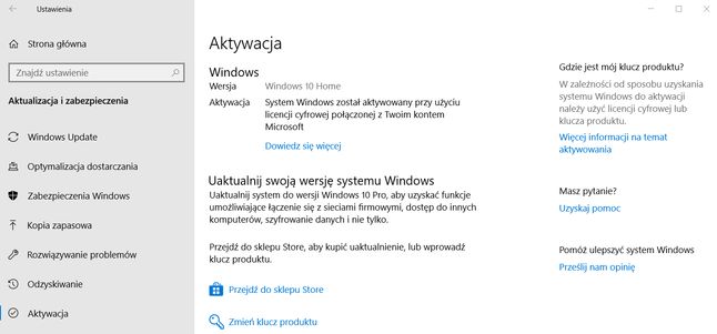 Widok ustawień poprawnie zaktywowanego Windowsa 10 Home. W przypadku błędów pomocne może się okazać Narzędzie do rozwiązywania problemów.