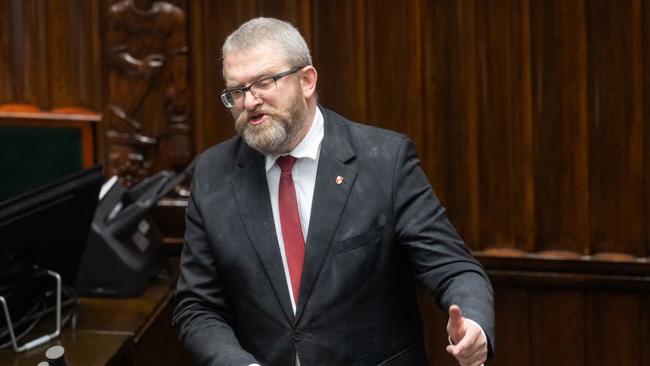 Grzegorz Braun is participating in the parliamentary debate on the appointment of Donald Tusk's government in Warsaw, Poland, on December 12, 2023. (Photo by Foto Olimpik/NurPhoto via Getty Images)