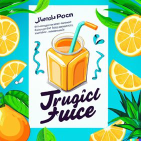 Projekt wstępny reklamy wygenerowany w MidJourney i Dall-E Prompt: advertising design, tropical juice.