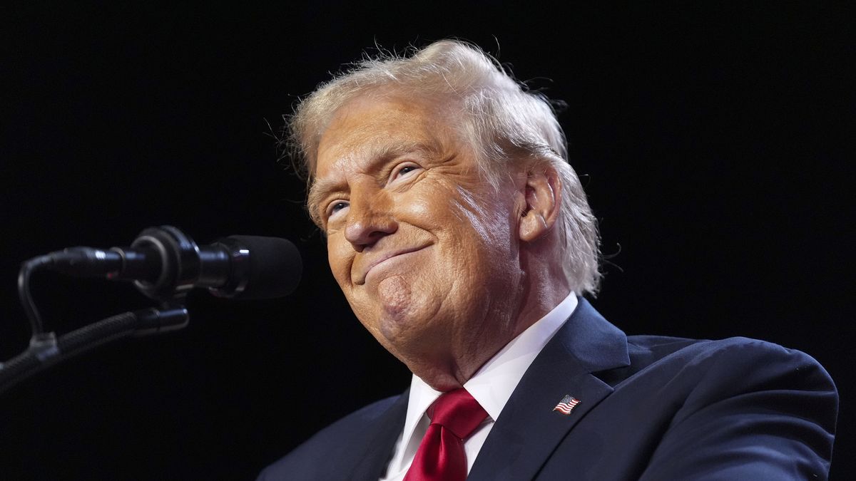 WEST PALM BEACH, FL - NOVEMBER 6: Republican presidential candidate Donald Trump addresses the crowd  during an election night party at the Palm Beach County Convention Center in West Palm Beach, Florida on November 6, 2024. (Photo by Jabin Botsford/The Washington Post via Getty Images)