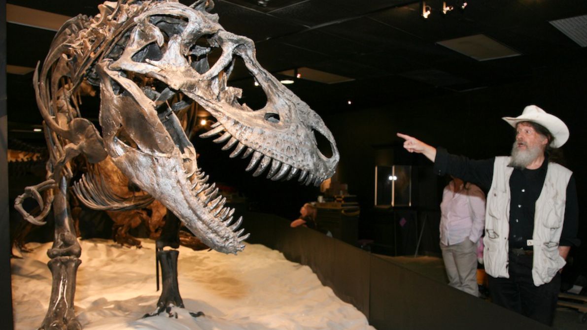 Robert Bakker ze zmontowanym szkieletem tyranozauryda gorgozaura
