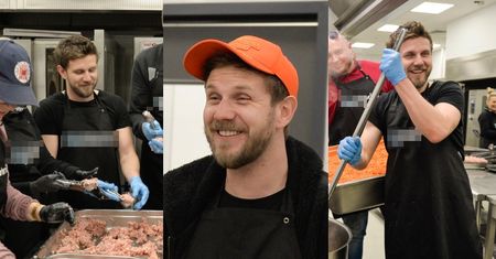 Uśmiechnięty od ucha do ucha Antek Królikowski ratuje wizerunek, LEPIĄC PULPETY dla potrzebujących z ochroniarzem "Oszusta z Tindera" (ZDJĘCIA)