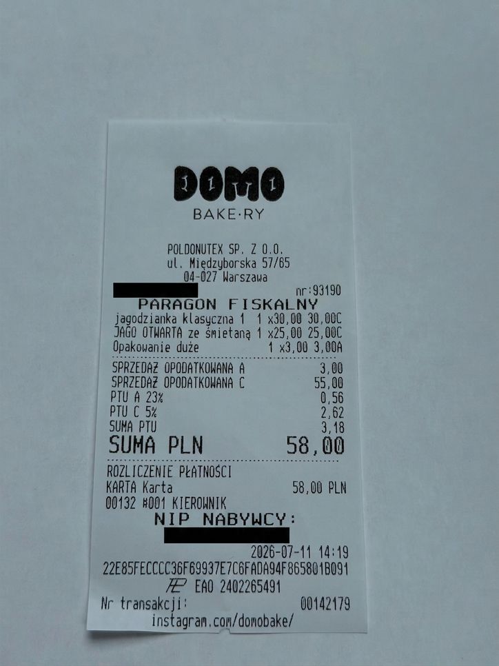 Paragon za dwie jagodzianki w lokalu Domo Bake ry