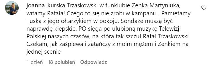 Komentarz Joanny Kurskiej na Instagramie