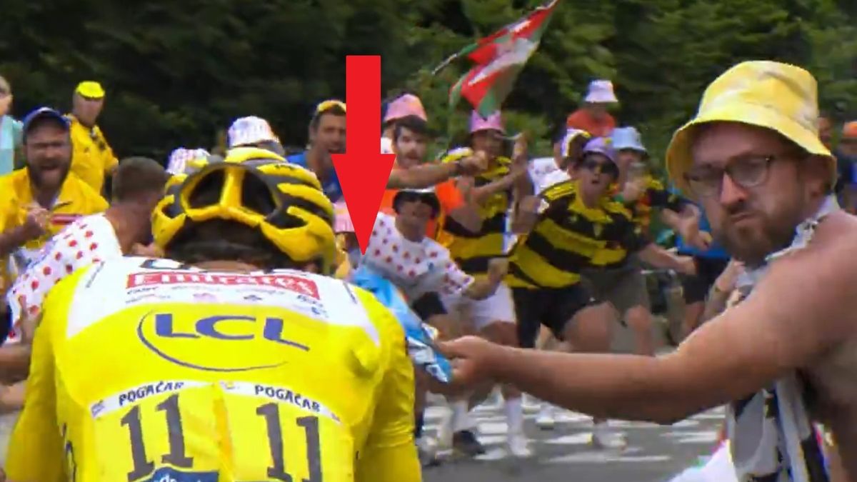 Twitter / Tour de France / kibic uderzający paczką czipsów Tadeja Pogacara