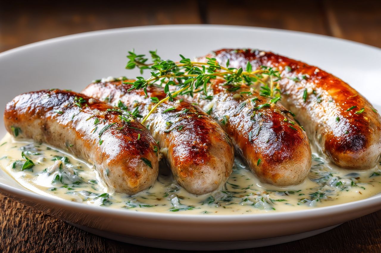 Biała kiełbasa w sosie ze szpinakiem – dokładny przepis