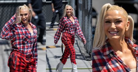 Gwen Stefani prezentuje KOMPLETNIE POZBAWIONE ZMARSZCZEK lico w drodze na wywiad u Jimmy'ego Kimmela (ZDJĘCIA)