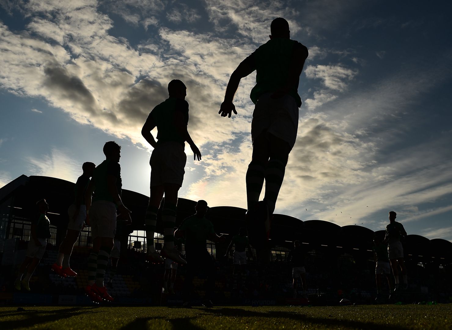 Dublin , Ireland - 18 July 2019; Shamrock Rovers players warm-up prior to their UEFA Europa League First Qualifying Round 2nd Leg match against SK Brann at Tallaght Stadium in Dublin. (Photo By Seb Daly/Sportsfile via Getty Images)