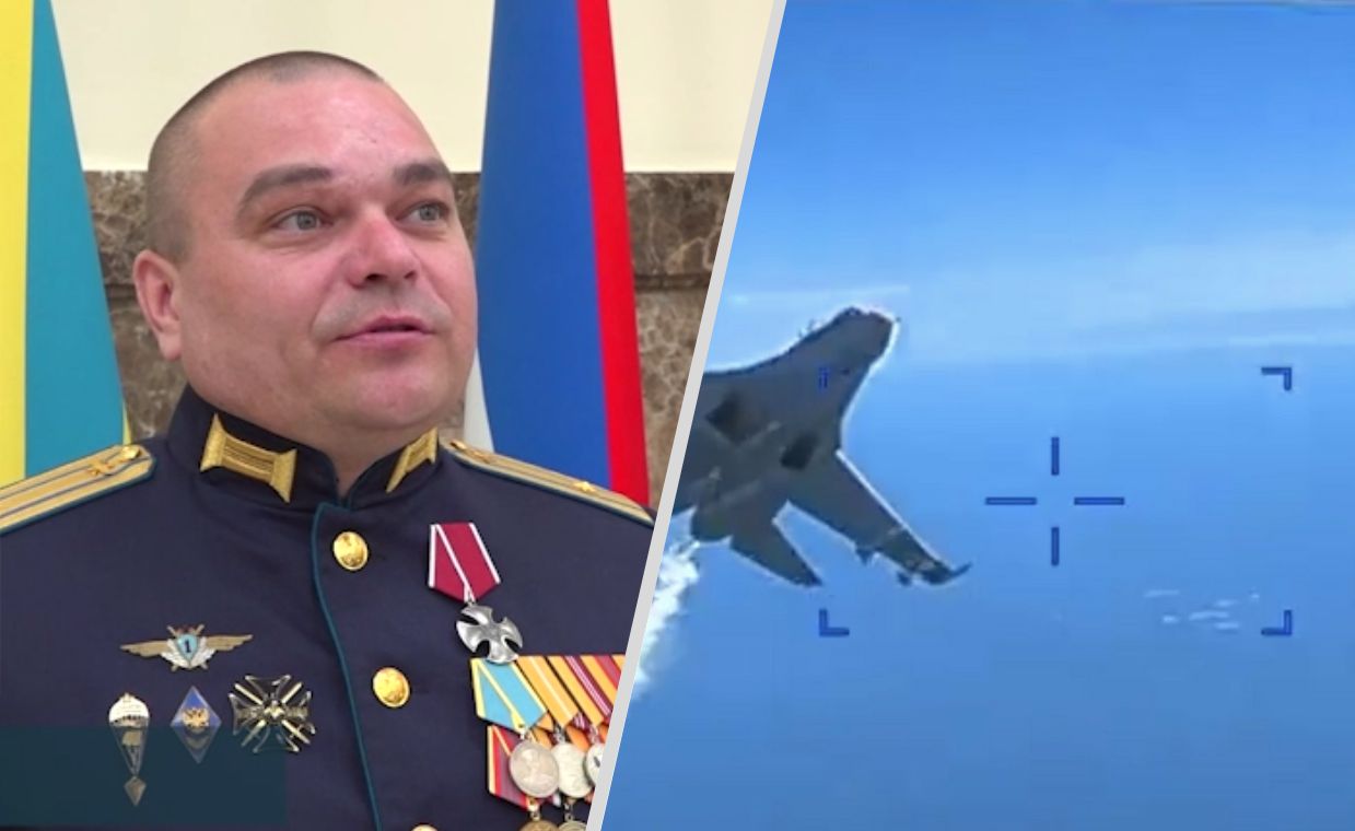 Rosyjski pilot mjr Siergiej Popow i jego myśliwiec Su-27 sfilmowany przez amerykańskiego drona