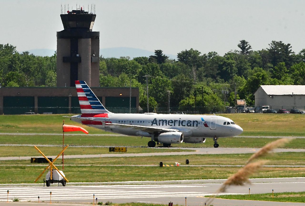 An American Airlines plane is seen taxiing on the runway at the Albany International Airport on Monday, June 8, 2020 in Colonie, N.Y. (Photo by Lori Van Buren/Albany Times Union via Getty Images)