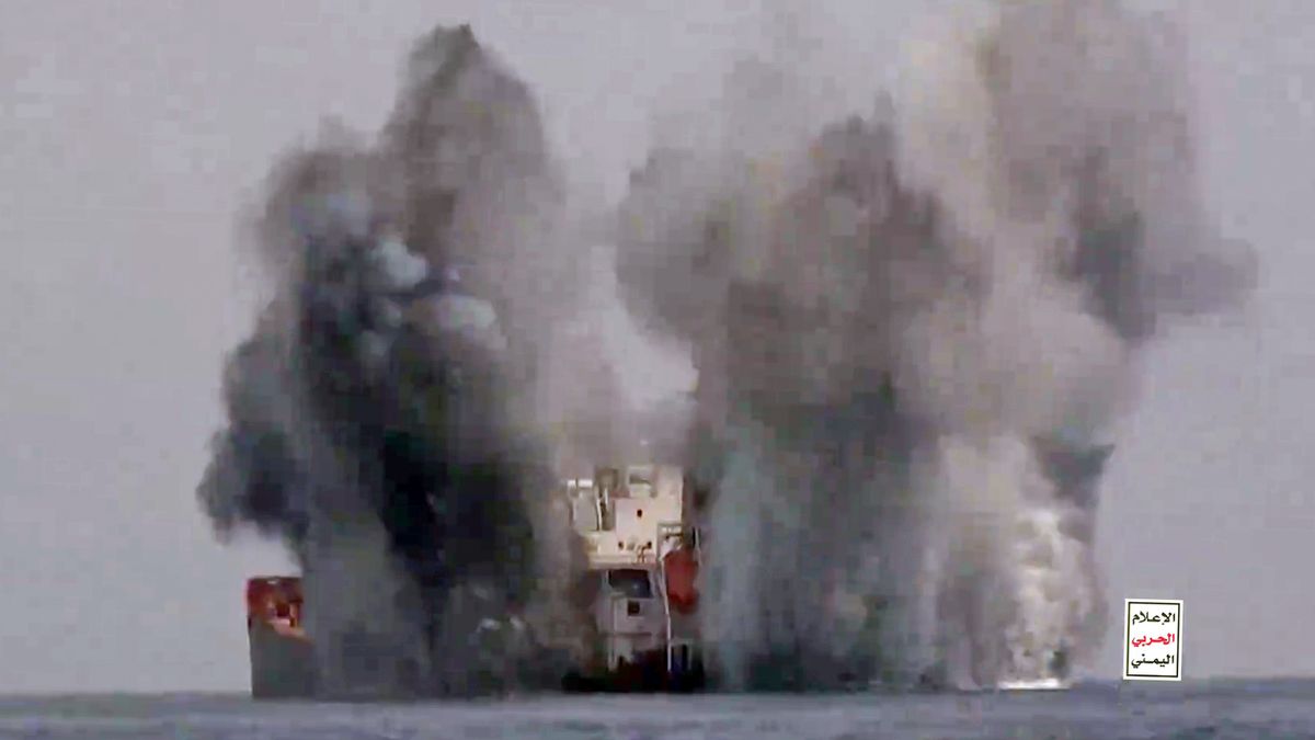 AT SEA (EDITOR'S NOTE:  This Handout screengrab was provided by a third-party organization and may not adhere to Getty Images' editorial policy.) In this handout screengrab released by the Houthi group media center on June 19, 2024, An explosive-laden drone boat called “Storm 1” targets a commercial vessel in a recent attack in the Red Sea, Yemen. Yemen's Houthi group released a video showing an explosive-laden drone boat called “Storm 1” with a warhead weighing 150 kilograms and a speed of 35 nautical miles per hour, targeting the vessel “Tutor” belonging to Evalend Shipping Co. S.A., a Greek company.  (Photo by Houthi Media Center via Getty Images)