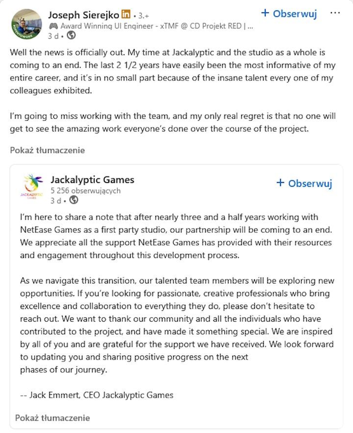 Komunikat studia Jackalyptic Games i komentarz Josepha Sierejko. Źródło: LinkedIn - „Zdruzgotany to mało powiedziane”. NetEase po cichu skasowało tajne MMO w świecie Warhammera i zwolniło całe studio - wiadomość - 2025-11-11