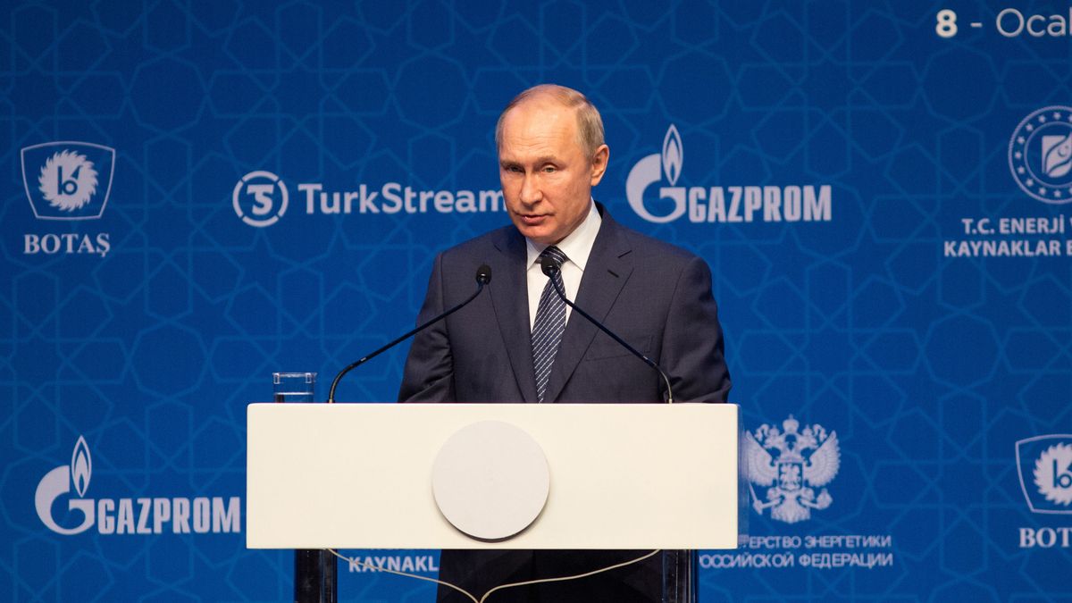 Vladimir Putin, Russia's president, speaks during the inauguration ceremony for the TurkStream natural gas pipeline, operated by Gazprom PJSC and Botas AS, in Istanbul, Turkey, on Wednesday, Jan. 8, 2020. TurkStream is set to carry Russian gas under the Black Sea to Turkey and supply several countries in southeast Europe once fully operational, just as U.S. sanctions stall another Gazprom PJSC export line. Photographer: Kerem Uzel/Bloomberg via Getty Images