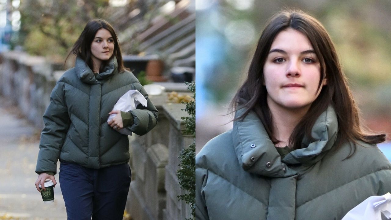 Suri Cruise in a casual outfit speeds through the streets of New York.