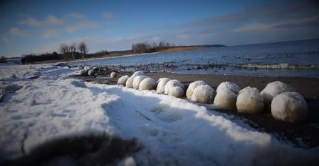 Morszkulce na plaży we Fromborku. Lodowe kule utworzyła woda i silny wiatr.