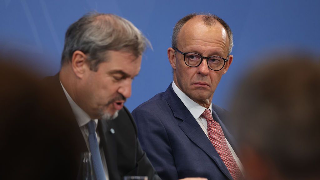 Coalition Leaders Speak Following Late Night Meeting
BERLIN, GERMANY - OCTOBER 09: Chancellor and leader of the Christian Democratic Union (CDU) Friedrich Merz (R) and Bavarian Premier and leader of the Christian Social Union (CSU) Markus Soeder speak to the media following a late-night meeting of the coalition commission on October 09, 2025 in Berlin, Germany. High on the meeting's agenda were social net policy, the economy and infrastructure investment. (Photo by Sean Gallup/Getty Images)
Sean Gallup