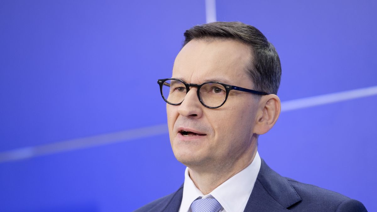 BRUSSELS, BELGIUM - JANUARY 31: Former Polish Prime Minister from Law and Justice (Prawo i Sprawiedliwo PiS) Mateusz Jakub Morawiecki is talking to media in the European Parliament on January 31, 2024 in Brussels, Belgium. Former Prime Minister of Poland Mateusz Morawiecki is on a one-day visit to the EP to express his point of view before the Extraordinary EU Summit on tomorrow. (Photo by Thierry Monasse/Getty Images)