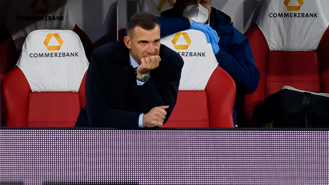 LEIPZIG, GERMANY - NOVEMBER 14: (BILD ZEITUNG OUT) head coach Andrij Schewtschenko of Ukraine looks dejected after the UEFA Nations League group stage match between Germany and Ukraine at Red Bull Arena on November 14, 2020 in Leipzig, Germany. (Photo by Mario Hommes/DeFodi Images via Getty Images)