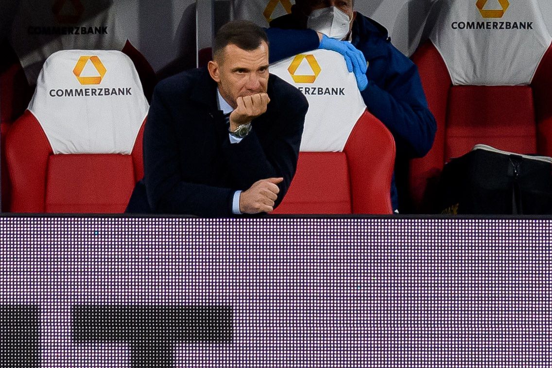 LEIPZIG, GERMANY - NOVEMBER 14: (BILD ZEITUNG OUT) head coach Andrij Schewtschenko of Ukraine looks dejected after the UEFA Nations League group stage match between Germany and Ukraine at Red Bull Arena on November 14, 2020 in Leipzig, Germany. (Photo by Mario Hommes/DeFodi Images via Getty Images)