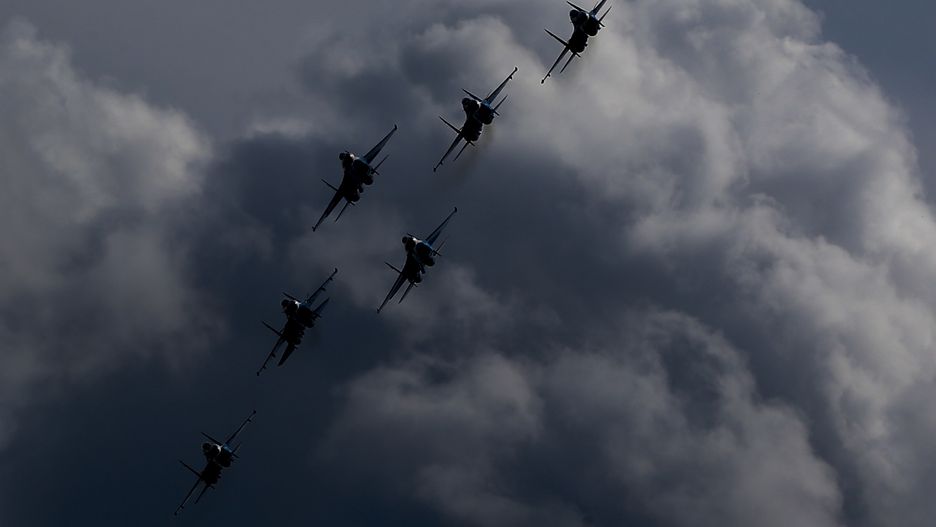 MOSCOW, RUSSIA - AUGUST 25: Sukhoi Su-35 fighter jets perform perform during the ARMY-2020 International Military and Technical Forum in Moscow, Russia on August 25, 2020. (Photo by Sefa Karacan/Anadolu Agency via Getty Images)