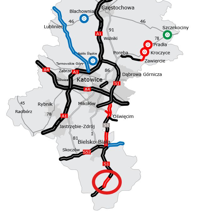 Budowana droga S1, w kółku odcinek do otwarcia w czwartek