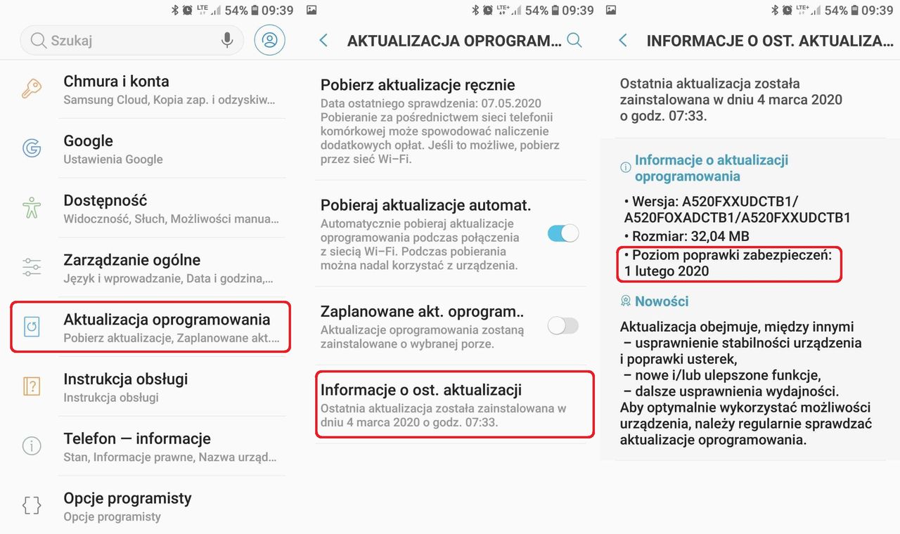 Opcje aktualizacji na przykładzie Samsunga Galaxy A5 (2017). Tutaj wciąż tylko poprawki z lutego 2020 roku, fot. Oskar Ziomek.