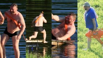Spragniony wrażeń Łukasz Szumowski pluska się w jeziorze podczas rodzinnego wypadu (ZDJĘCIA)