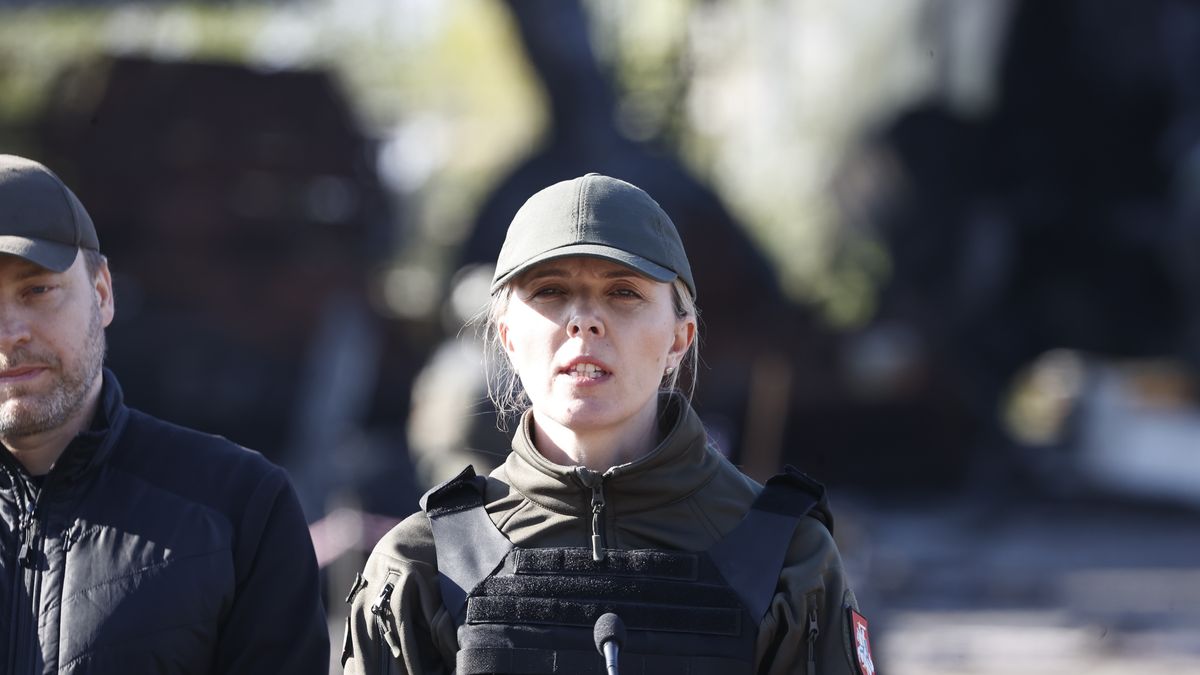 HOSTOMEL, UKRAINE - MAY 5: Lithuanian Minister of the Interior Agne Bilotaite (C) speaks at a press conference after they signed a joint agreement to intensify international cooperation at Antonov Airport in Hostomel, Ukraine on May 5, 2022. (Photo by Dogukan Keskinkilic/Anadolu Agency via Getty Images)