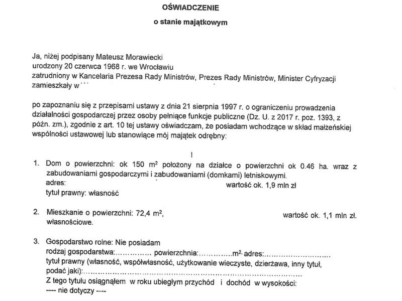Oświadczenie majątkowe premiera z października 2020 r.