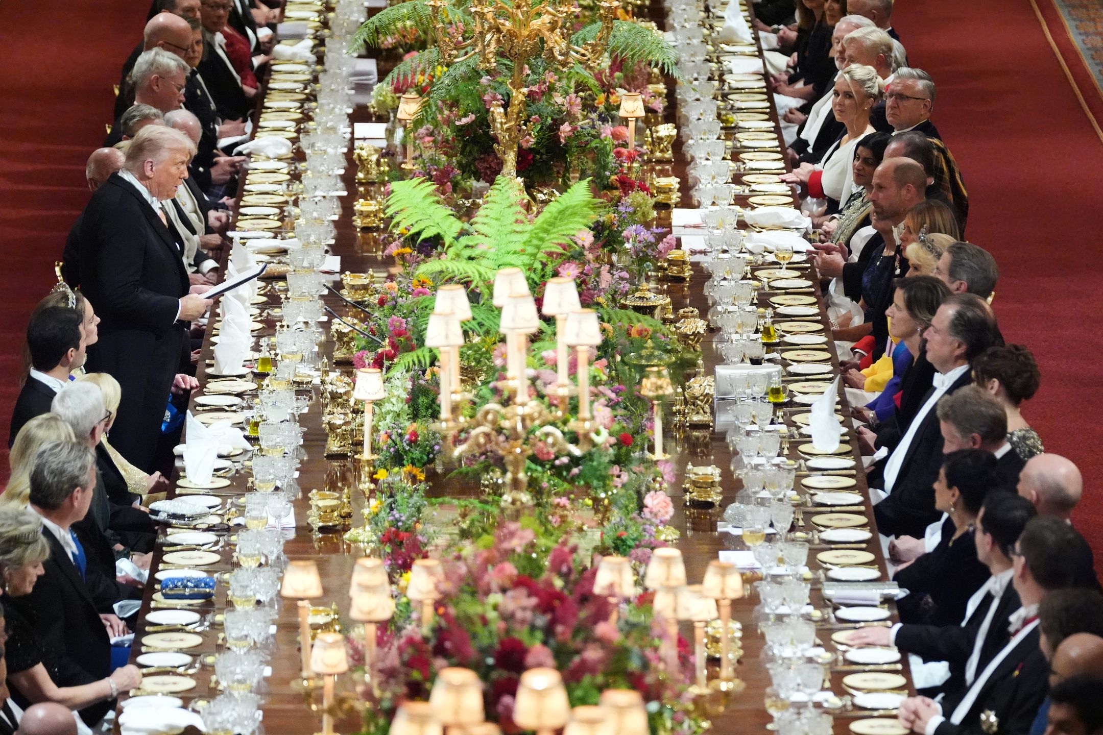 WINDSOR, ENGLAND - SEPTEMBER 17: President Donald Trump delivers a speech during the State Banquet at Windsor Castle for the State visit by the President of the United States of America on September 17, 2025 in Windsor, England. President Trump is in England from Sept. 16-18 on his second UK state visit, with the previous one taking place in 2019 during his first presidential term. (Photo by Evan Vucci - Pool/Getty Images)