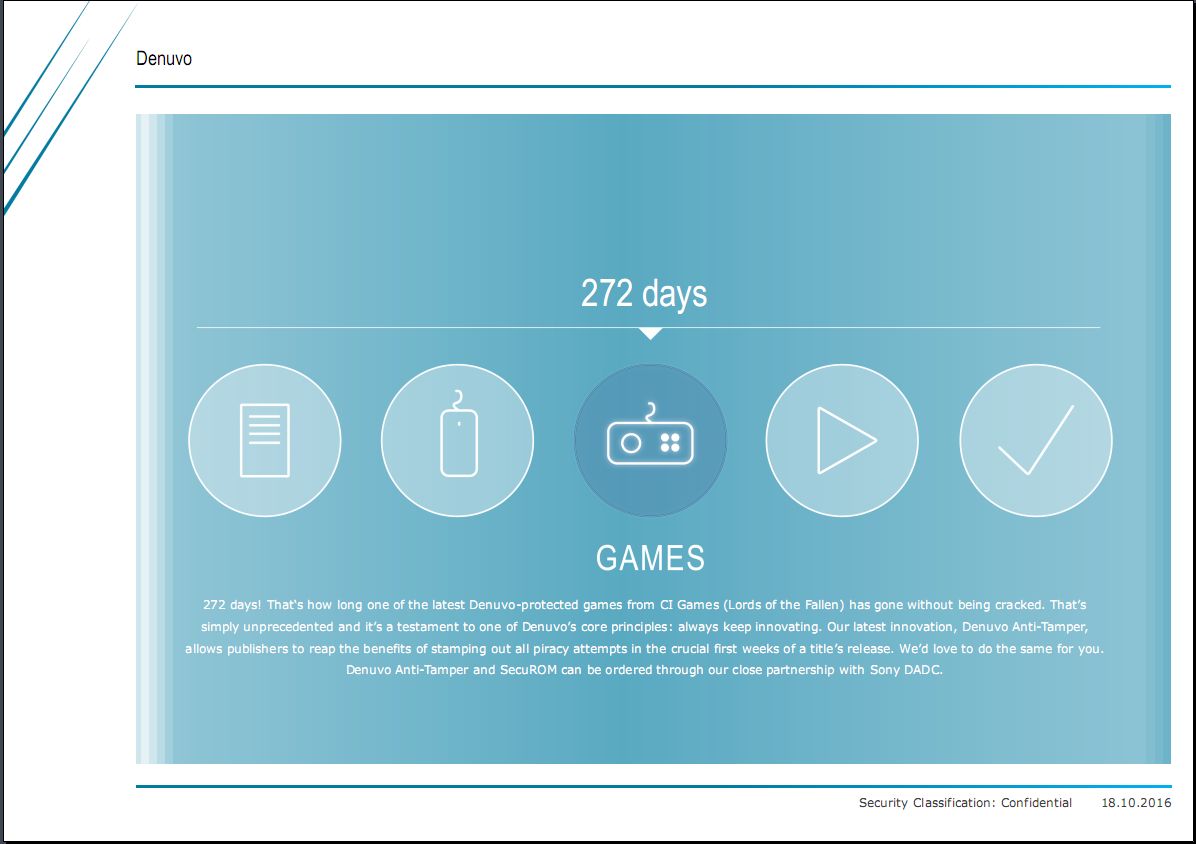 Denuvo GmbH chwali się, że jedna z zabezpieczonych gier wytrzymała 272 dni (źródło: prezentacja dla klientów)