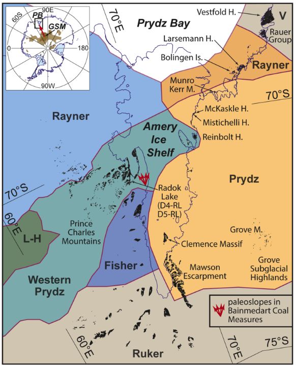 Mapa sektora zatoki Prydza na wschodniej Antarktydzie
