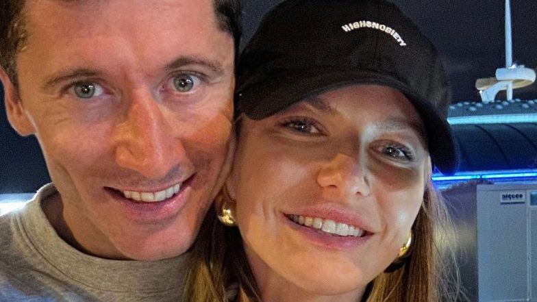 Anna Lewandowska i Robert Lewandowski po meczu FC Barcelony 