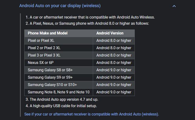 Informacje o smartfonach obsługujących bezprzewodową łączność Androida Auto, źródło: Google.