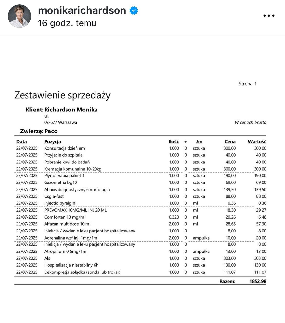 Monika Richardson pokazała rachunek z kliniki