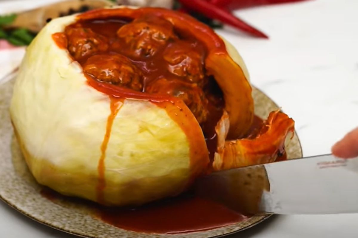 Reinvented stuffed cabbage: Meatball-stuffed head delight