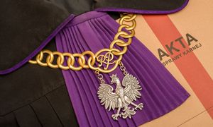 Emeryt i bezrobotny na ławie oskarżonych. W tle fikcyjne sklepy