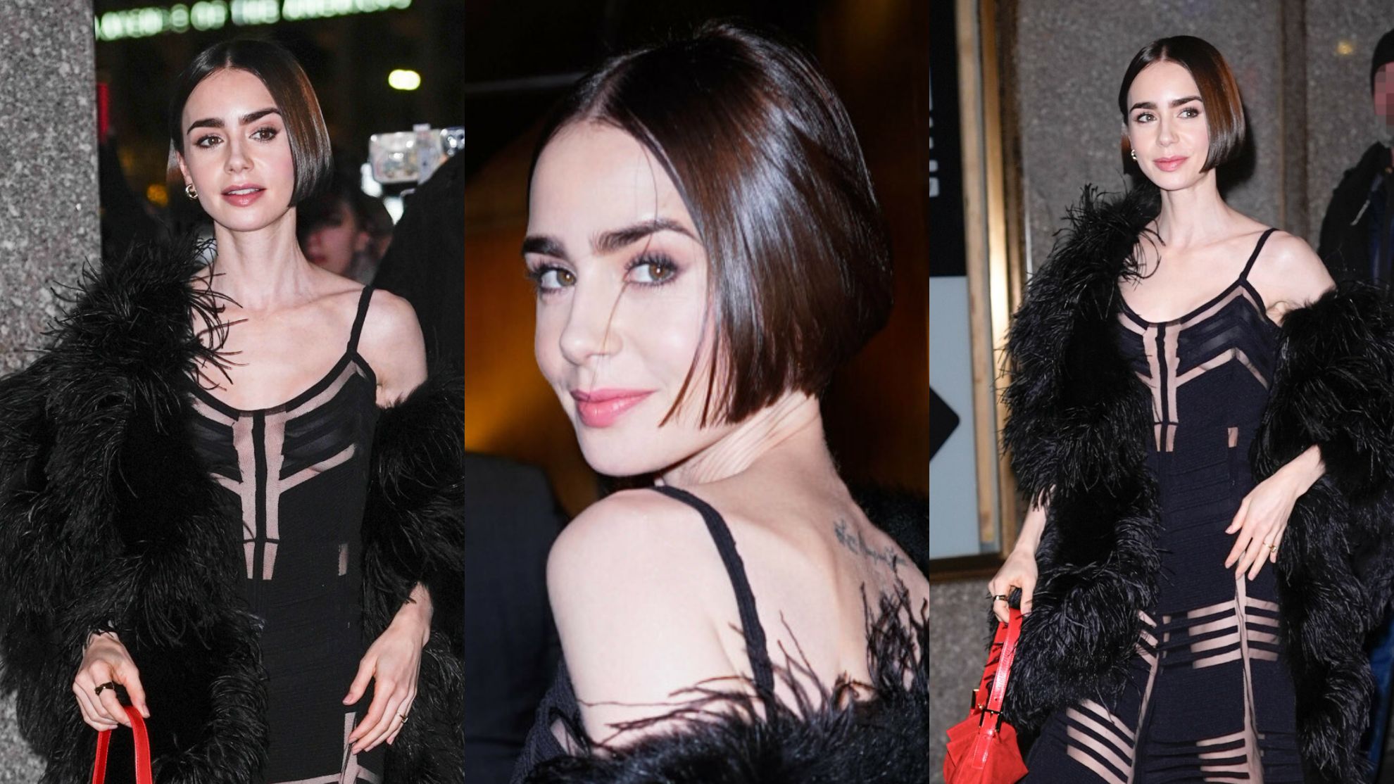Lily Collins eksponuje figurę w sukience z prześwitami