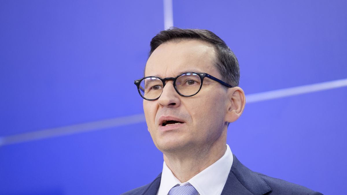 BRUSSELS, BELGIUM - JANUARY 31: Former Polish Prime Minister from Law and Justice (Prawo i Sprawiedliwo PiS) Mateusz Jakub Morawiecki is talking to media in the European Parliament on January 31, 2024 in Brussels, Belgium. Former Prime Minister of Poland Mateusz Morawiecki is on a one-day visit to the EP to express his point of view before the Extraordinary EU Summit on tomorrow. (Photo by Thierry Monasse/Getty Images)