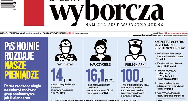 „Gazeta Wyborcza” przeprasza za pierwszą stronę o hojnym rozdawnictwie na podwyżki dla nauczycieli i pielęgniarek