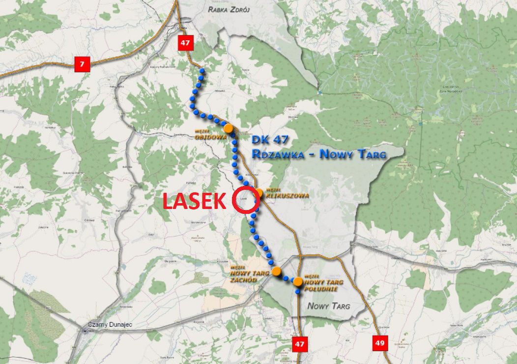 Położenie Lasku na trasie przebiegu nowej zakopianki